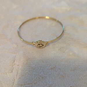Michael Kors Gold MK Logo Bangle Bracelet Crystal Accent Hinged Designer Jewelry